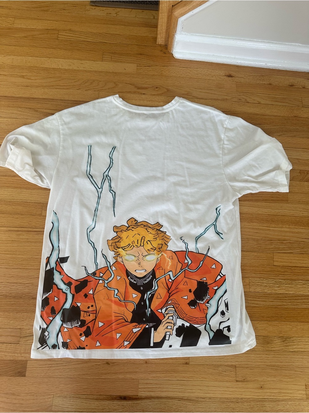 White Graphic Short-Sleeve Tee with Orange Anime Artwork